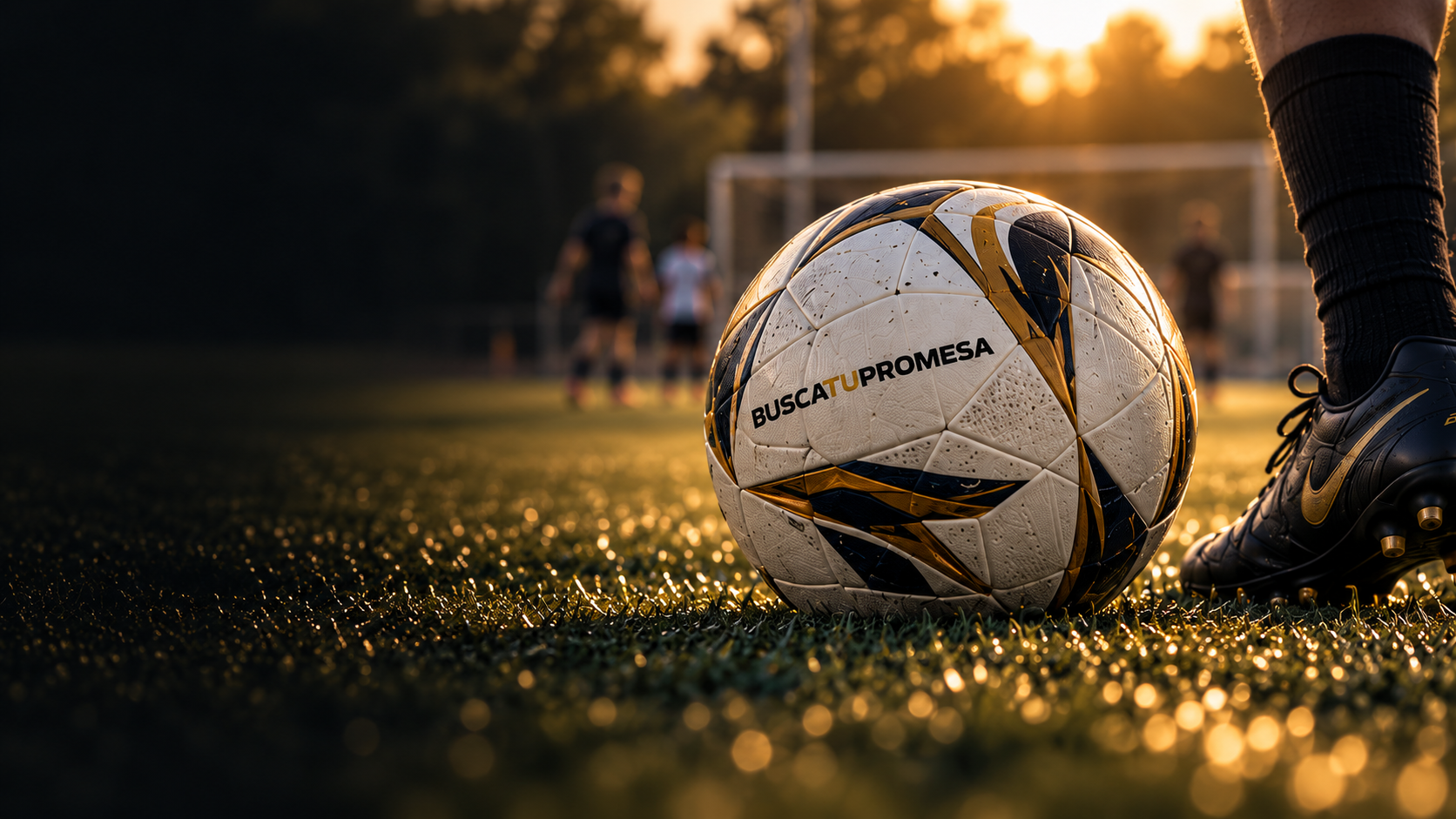 Balón moderno de BuscaTuPromesa sobre el césped junto a una bota de fútbol